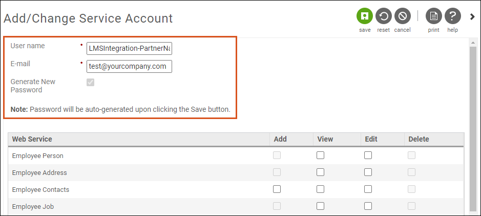 Add or Change Service Account for LMS integration